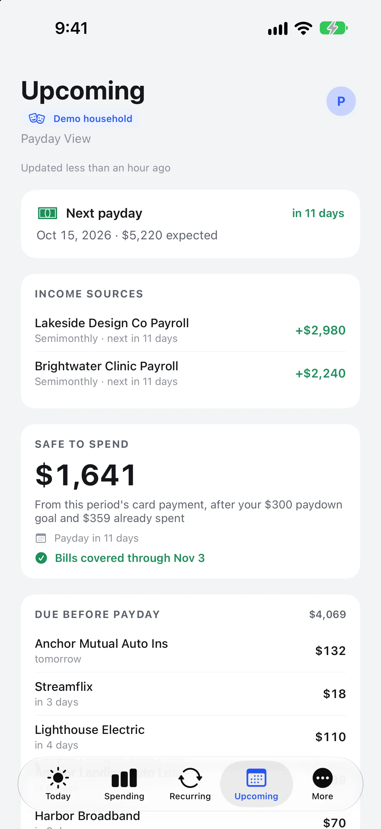 Purser Upcoming screen on iPhone, demo data: the next payday and expected income